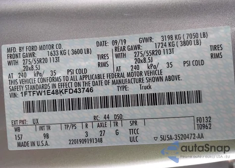 2019 Ford F-150 Platinum z USA, uszkodzony, nr VIN 1FTFW1E48KFD43746